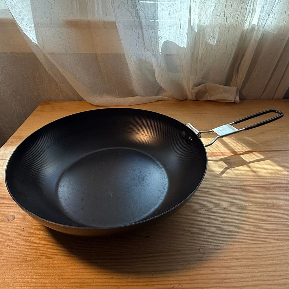 9" Camping Wok Pan Carbon Steel Folding Handle Backpacking Cookware